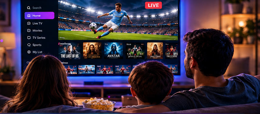 Family watching live sport and entertainment on television
